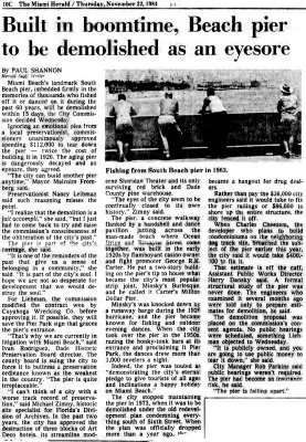 1984 - article about the historic South Beach Pier about to be demolished and never replaced