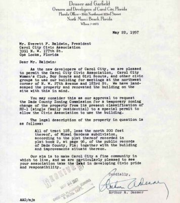 1957 - letter from Desser & Garfield, owners and developers of Carol City in northwest Dade County