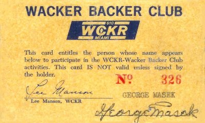 1960's - WCKR 610 AM Wacker Backer Club card