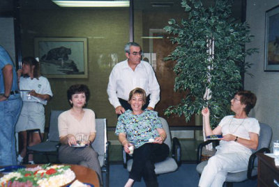 Fran Young, seated on the left, at work