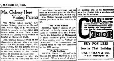 1931 - article about Helen Cox Clocecy moving from her flight school at All-American Airport in Dade County