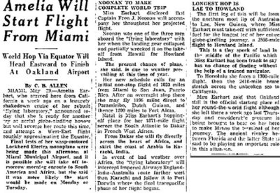 1937 - article about Amelia Earhart getting ready to leave Miami Municipal Airport on her ill-fated round the world flight