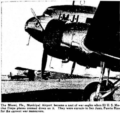 1939 - article about 53 U. S. Marine Corps aircraft (Curtiss R4C-1 Condor in foreground) visiting Miami Municipal Airport