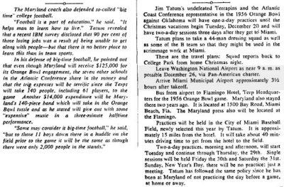 1955 - article about the University of Maryland Terrapins flying to Miami Municipal Airport for the 1956 Orange Bowl