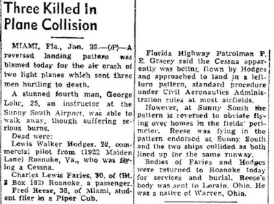 1950 - article about mid-air collision and crash at Sunny South Airport, Miami