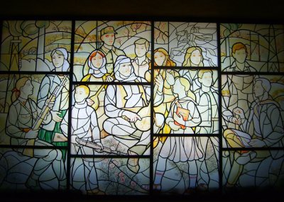 a new spin on skenderbej, stain glass with communist young pioneers