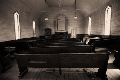 Church pews bw.