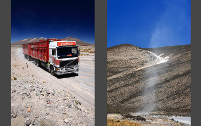 Peruvian desert, Chachani volcano behind the truck