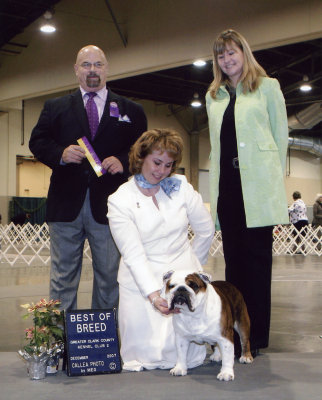 Best of Breed #119, Pictured with Beth and one of his Breeders, Lisa Haney