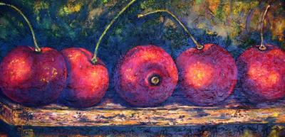 DELICIOUS CHERRIES 36 x 18. Mix media with texture Oil on Canvas .     SOLD