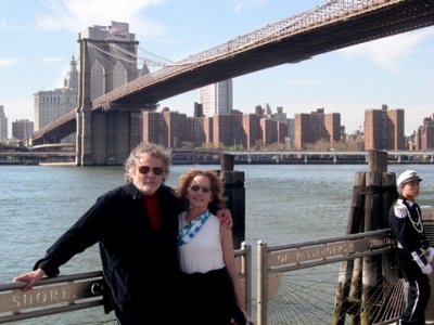 Judy & Richard at the Fulton Ferry Landing Pier, Brooklyn. The Brooklyn Bridge & Manhattan are in the background.