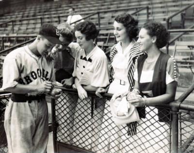 Hilda (Richard's mother), second from right, her friends & Lonny Frey (Brooklyn Dodgers infielder) at Ebbets Field (mid '30's)