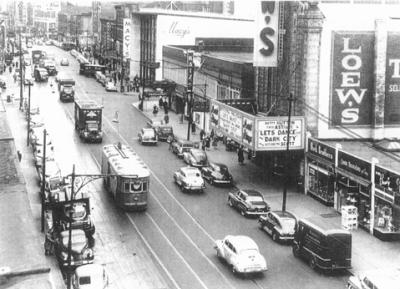 Flatbush Avenue looking north from Beverly Road.  Erasmus Hall, Richard's old high school, is in the background (1950)
