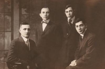 L. to R.:  Grandpa Louis,  Frank - married to Beckee (previous photo), & grandma Anna's brothers  David & Hyman (circa 1915)