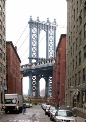 Manhattan Bridge - from Front Street, looking north toward the bridge down Washington Street in the DUMBO area of Brooklyn
