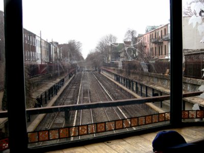 The waiting room of the Cortleyou Road subway station (graffiti on the window) - looking south toward the Newkirk Ave. stop