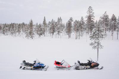 Snowmobiles by the Frozen Lake