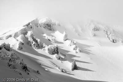 Shasta, Casaval Ridge from Avalanch Gulch, Rocks in Mist