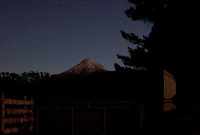Mt. Egmont / Taranaki by night from the Wassail Brauhaus, Egmont Village