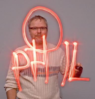 Self portrait with light painted signature
