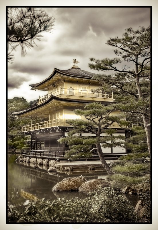 Kinkaku-ji after a monsoon storm (antiquified, hand coloured)