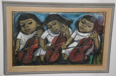Cello Player - Artist's Daughter in Three Moods, 16.5 x 27 inches, unframed