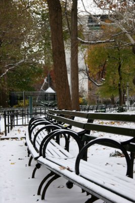 Northeast View - Snow on Park Benchs & Arch