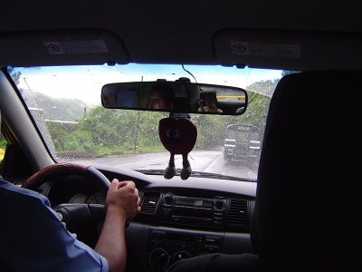 Elias, our daring driver, deftly delivers us to our destination in the driving rain