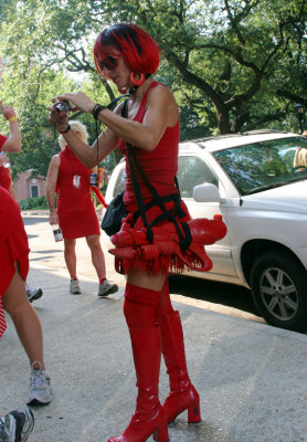 gun carrying red lady