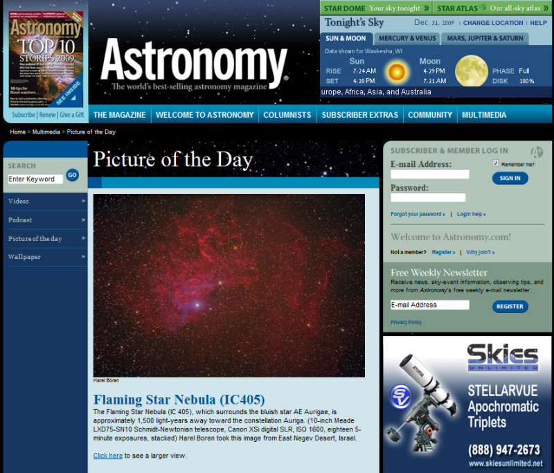 Dec. 31, 2009 - Jan. 1 2010 Picture of the Day in Astronomy Magazines Web Site IC405 The Flaming Star Nebula