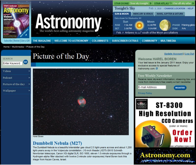 Dumbbell Nebula (M27)- Picture of the Day in Astronomy Magazines Web Site - October 15, 2009