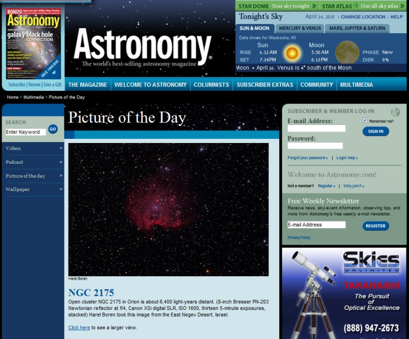 NGC 2174 and NGC-2175 The Monkey-Head - Picture of the Day in Astronomy Magazines Web Site Aprill 14, 2010