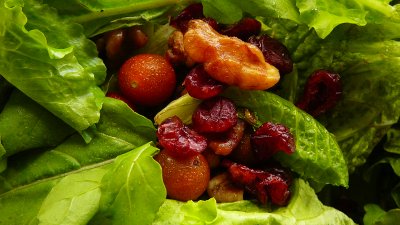 mixed organic greens with cherry tomatoes, walnuts and cranberries