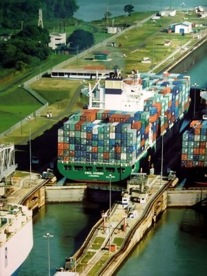  This is a Picture of a Picture of a Large 'Panamax' Ship at the Miraflores Locks