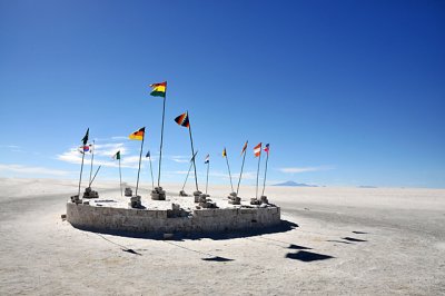 Flags at a salt hotel on the Salar de Uyuni