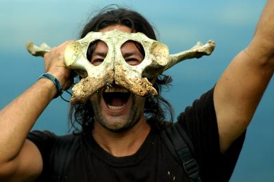 Carlos joking with tapir pelvis bone