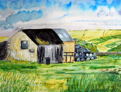 Barn in a Field Watercolour