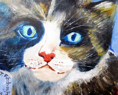 Fluff the cat painted on board in oils.