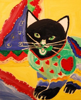 Folk Arty Cat on 10 x 8 inch board.