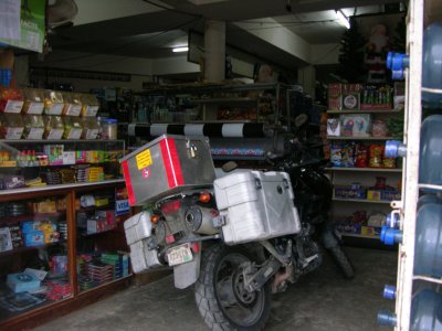 Improvised secure parking. A Chinese supermarket in Dangriga, Belize.
