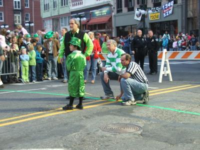 Measuring the parade route (98 feet)