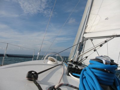 On our way to the Needles from Alderney. Jib halyard tension on winch to prevent chaffe.