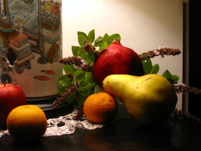 STILL LIFE: Fruit, Basil and Lamp