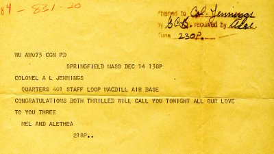 1948: The media frenzy surrounding my birth consisted of this telegram from Mel and Alethea.