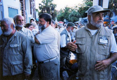 Hemingway clones gather outside Sloppy Joe's during Hemingway Days festival in KW.