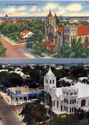 Key West then and now. St Paul's church from the top of the La Concha on Duval St.