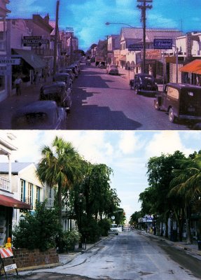 Key West then and now: Duval Street. The building at far left edge in both photos is the same.