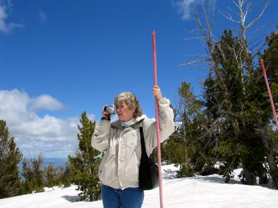 Sister holding snow pole while taking photos