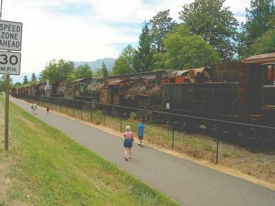 Family looking at  retired trains