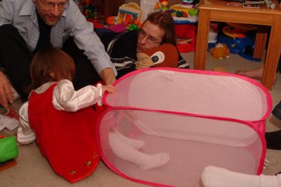 Ava trying out her hamper from Anna